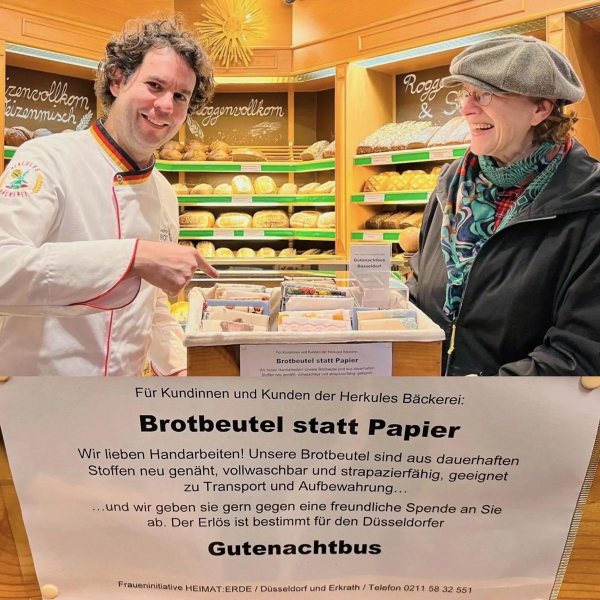 Meister Joda vor dem Schild „Brotbeutel statt Papier“